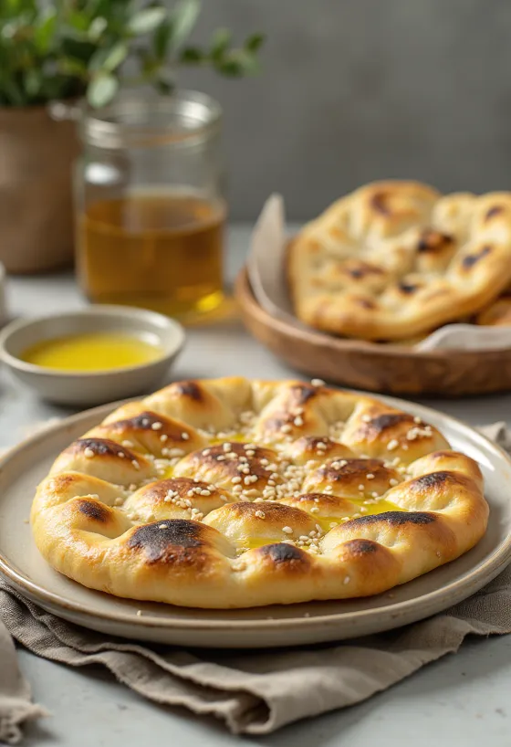 Roghni naan aranybarna szezámmaggal megszórva, olívaolajjal tálalva