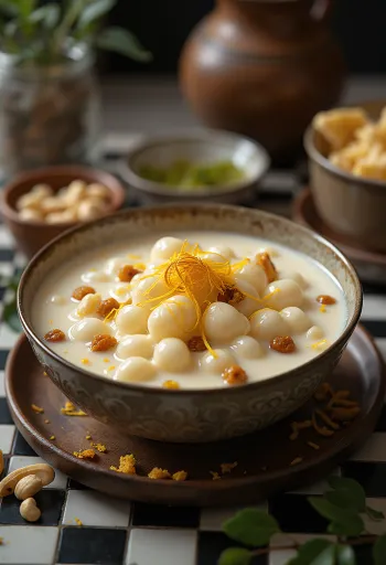 Sabudana Payasam, egy finom indiai tejdesszert, gazdag ízekkel és színes fűszerekkel díszítve