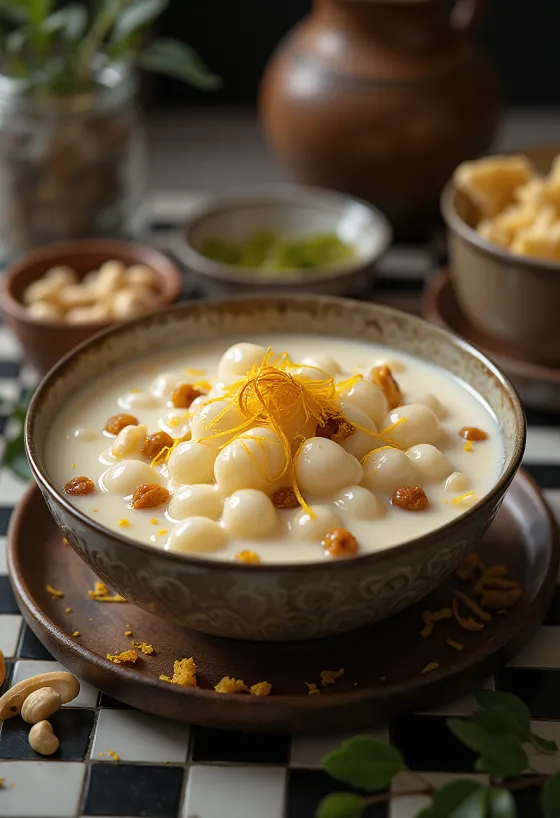 Sabudana Payasam, egy finom indiai tejdesszert, gazdag ízekkel és színes fűszerekkel díszítve