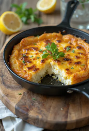 Saganaki feta sajttal, aranybarnára sütve, tányéron tálalva, citrommal
