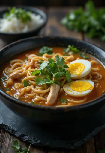 Sarawak laksa, fűszeres kókusz alapú leves csirke, tészta és friss zöldségekkel tálalva.