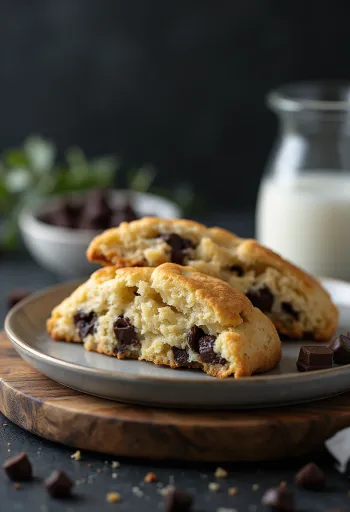 Scone csokoládéval, friss teával tálalva, puha és aranybarna