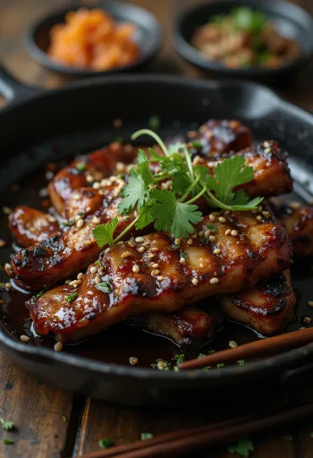 Sertés galbi tálalva, szaftos hús, friss korianderrel és szezámmaggal