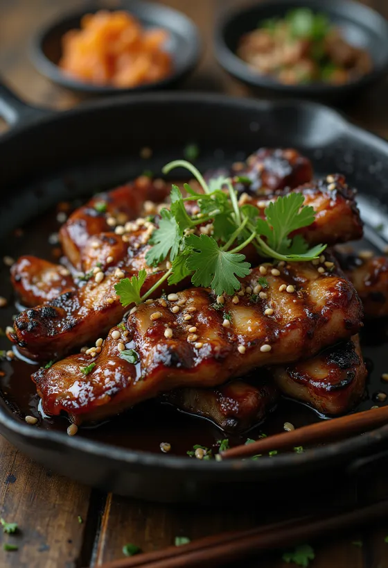 Sertés galbi tálalva, szaftos hús, friss korianderrel és szezámmaggal