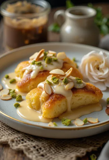 Shahi tukda vaníliás öntettel, díszítve mandulával és pisztáciával