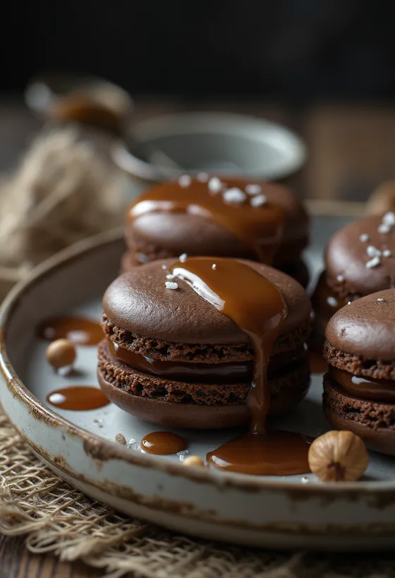 Sós karamellás-mogyorókrémes macaronok tálalva