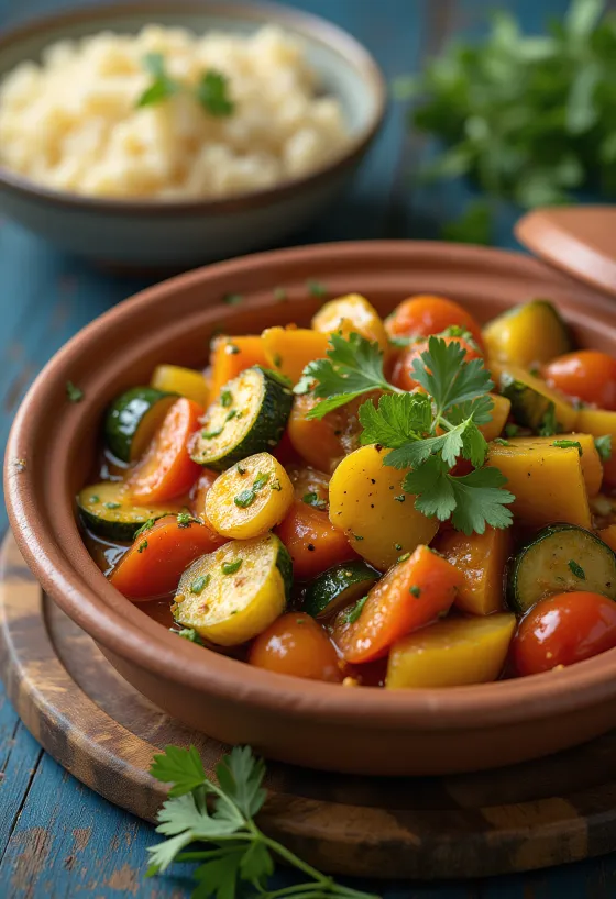 Klasszikus tagine zöldségekkel, gazdag fűszerekkel tálalva, friss korianderrel