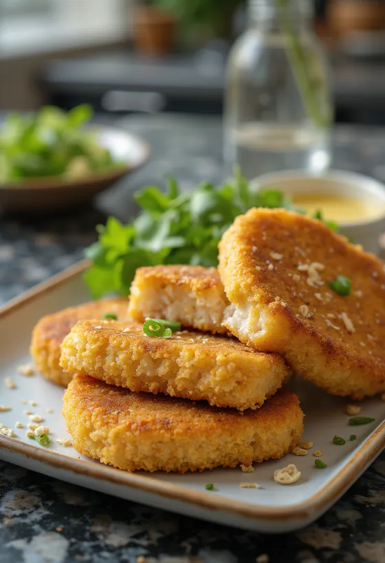 Ropogós tofu zabkorpában, friss salátával tálalva