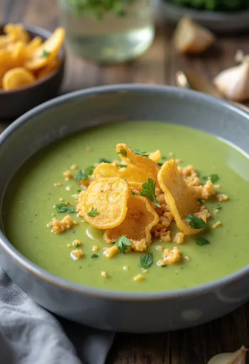 Vegán cukkinileves pirított fokhagymával tálalva