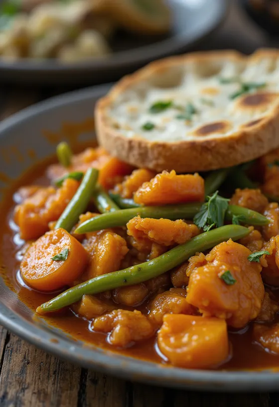 Vindaloo zöldségekkel, gazdag piros szószban tálalva