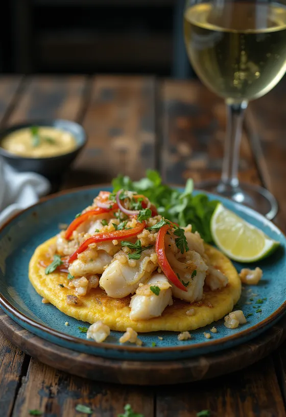 Arepa con Pescado koreai stílusú étel tálalva