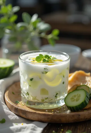 Ayran uborkával, frissítő joghurtos ital uborkával és mentával tálalva
