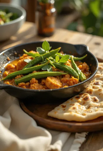 Bhindi Masala Sabzi tálban, friss korianderrel díszítve