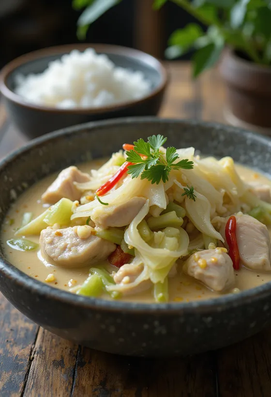 Bicol Express papayával tálalva, gazdag kókusztejjel és csípős paprikával