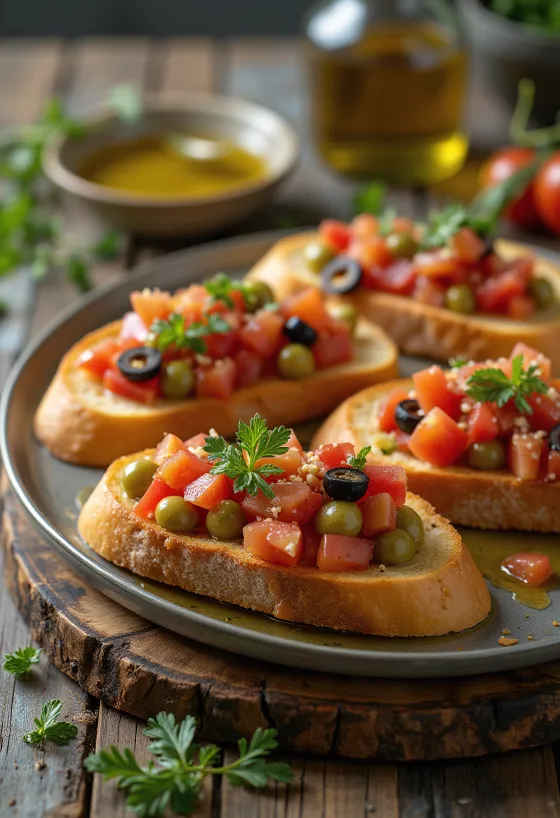 Bruschetta olívabogyóval, paradicsomos keverékkel, friss bazsalikommal díszítve