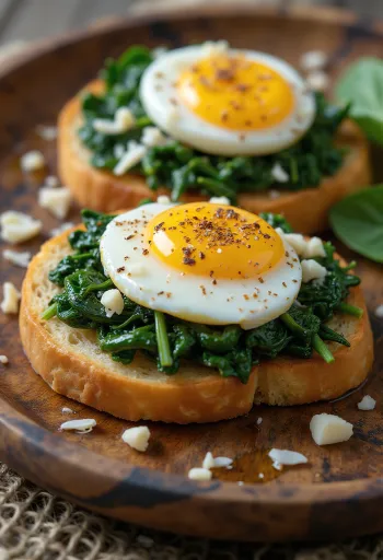 Bruschetta tojással és spenóttal, friss, zöldségekkel és tojással tálalva