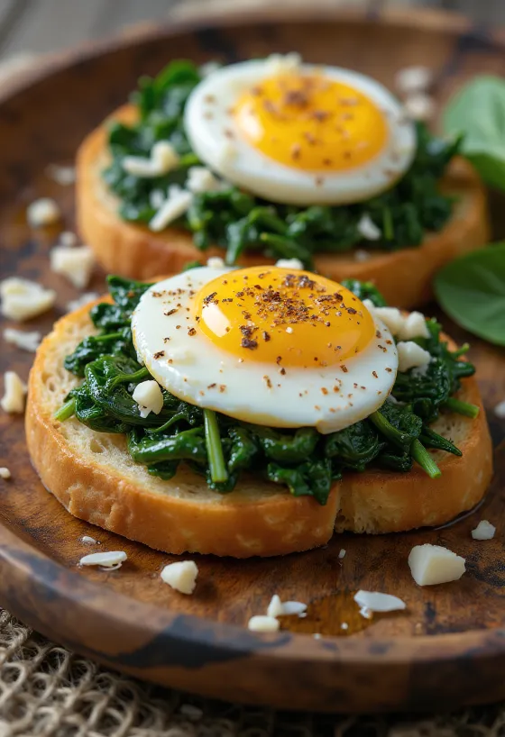 Bruschetta tojással és spenóttal, friss, zöldségekkel és tojással tálalva