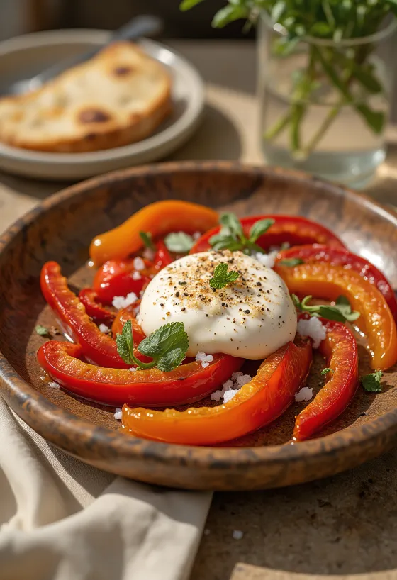 Burrata sült paprikával, friss salátával és balzsamecettel tálalva.