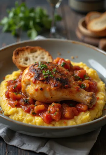 Cacciatore polentával tálalva, paradicsomos szósszal és friss bazsalikommal