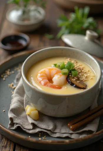 Chawanmushi garnélarákkal, tojásos leves, garnélarákokkal és tavaszi hagymával tálalva