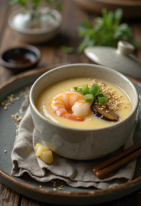 Chawanmushi garnélarákkal, tojásos leves, garnélarákokkal és tavaszi hagymával tálalva