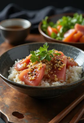 Chirashi tál szójaszósszal és friss zöldségekkel tálalva