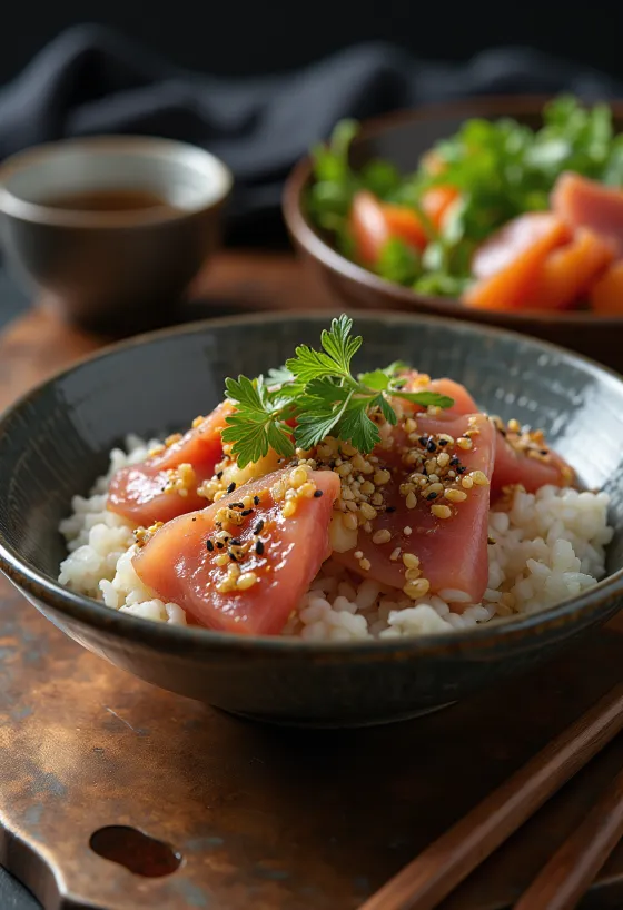 Chirashi tál szójaszósszal és friss zöldségekkel tálalva