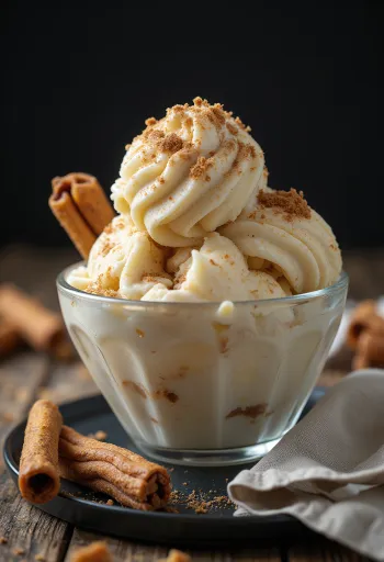 Churro jégkrém fahéjjal és cukorral tálalva