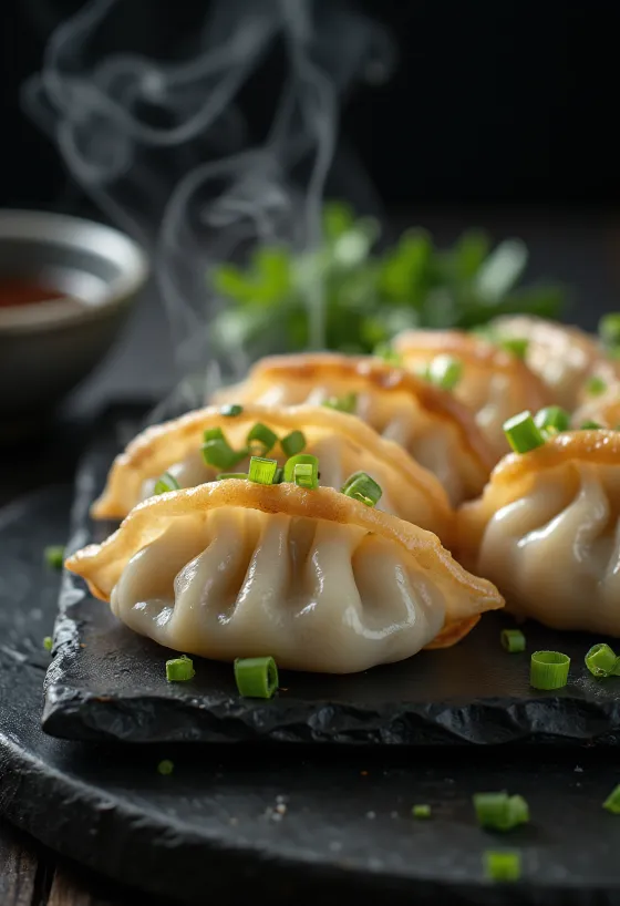 Crab Gyoza tálalva rákhúsos töltelékkel és szójaszószos mártogatóval