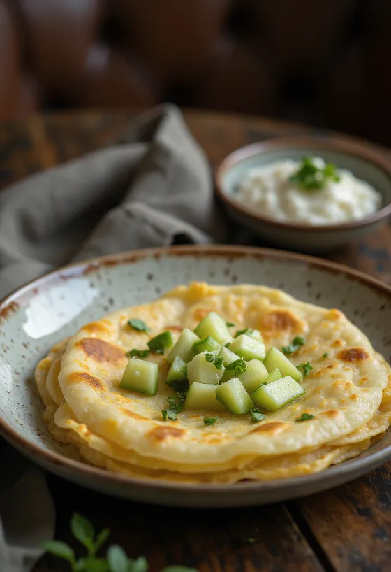 Cucumber appam friss korianderrel tálalva