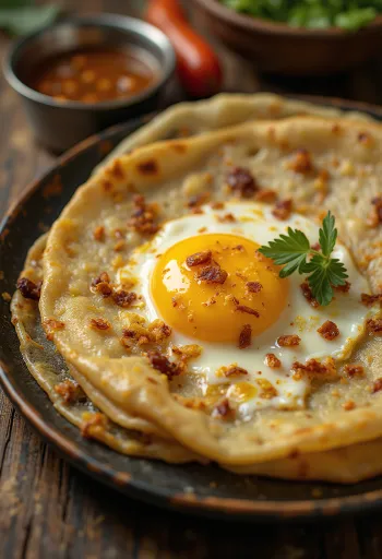 Egg dosa frissen, ropogósra sütve, tojásos töltelékkel tálalva