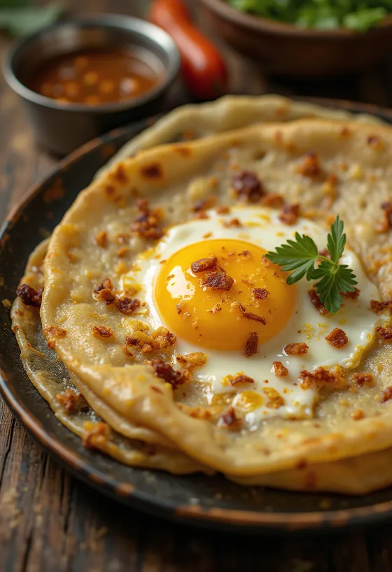 Egg dosa frissen, ropogósra sütve, tojásos töltelékkel tálalva