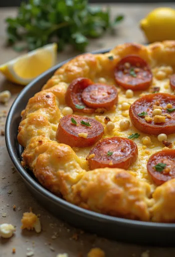 Fainá chorizóval tálalva, friss petrezselyemmel