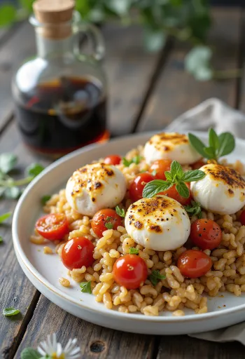 Farro saláta sült paradicsommal és mozzarellával, friss bazsalikommal megszórva