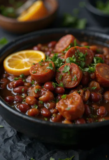 Feijoada vörösbabbal tálalva, friss korianderrel