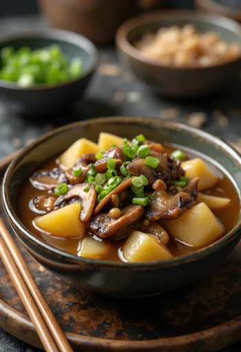 Gombás Nikujaga japán egytálétel tálalva, burgonyával, marhahússal és shiitake gombával