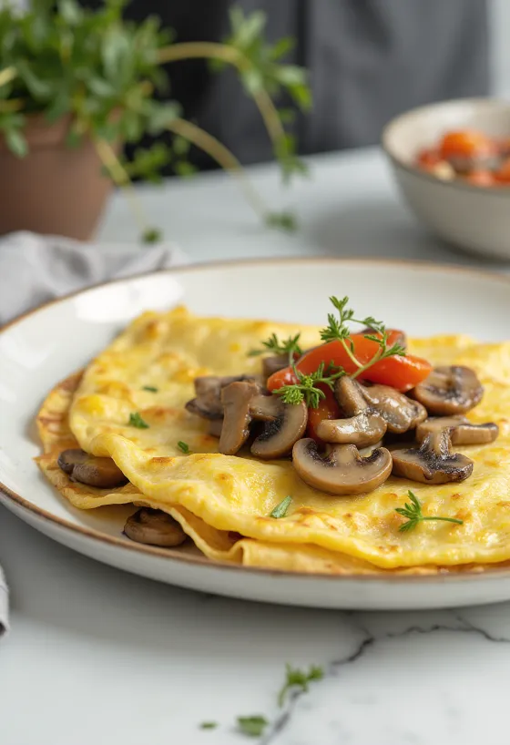 Gombás omlett paprikával, finom aranybarna omlettet tálalva