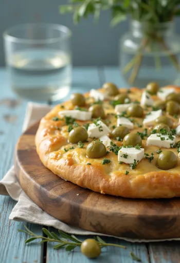 Görög fetás és olívás focaccia tálalva