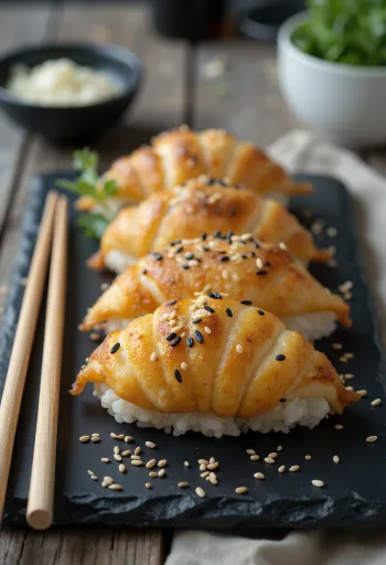 Inarizushi szezámmaggal, japán tofu tasakban tálalt sushi rizs, tetején pirított szezámmaggal