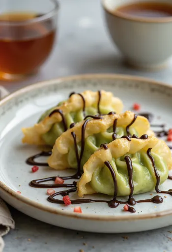 Édes gyoza mascarponés matcha töltelékkel és olvasztott csokoládéval tálalva