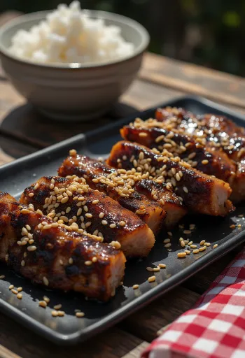 Kalbi Galbi, koreai grillezett marhahús szezámmaggal és friss gyümölcsökkel