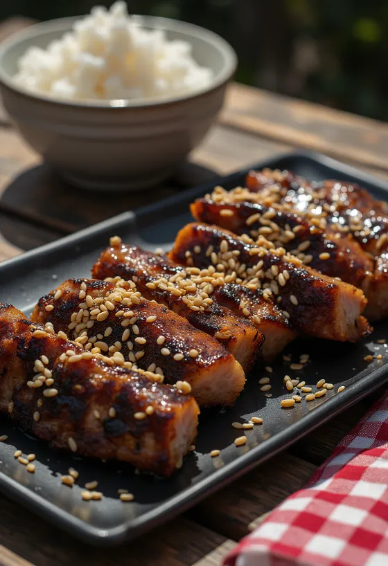 Kalbi Galbi, koreai grillezett marhahús szezámmaggal és friss gyümölcsökkel