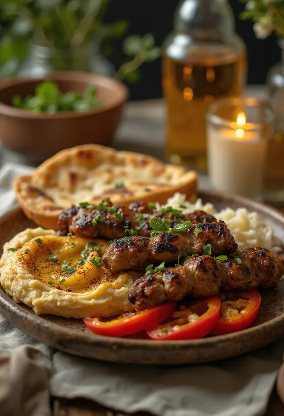 Kebab Tál grillezett húsnyársakkal, humusszal és joghurtos szósszal