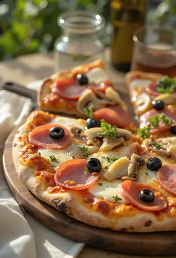 Klasszikus Capricciosa pizza tálalva