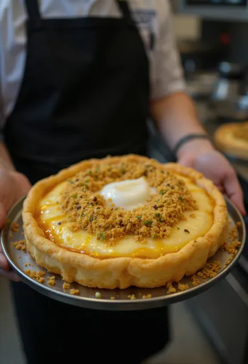 Knafeh Na\'ameh, finomra őrölt tésztával, feta sajttal és pistáciával díszítve