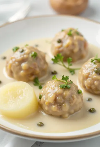 Königsberger Klopse német húsgombóc kapris szósszal tálalva