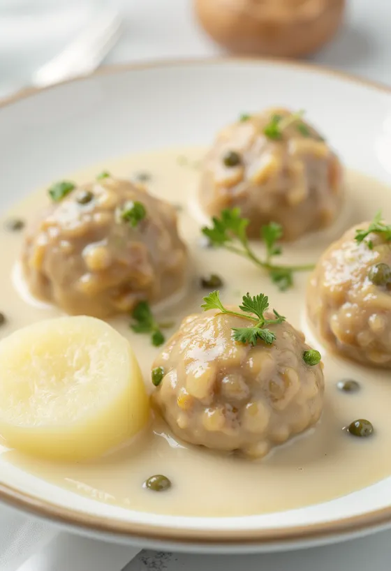 Königsberger Klopse német húsgombóc kapris szósszal tálalva