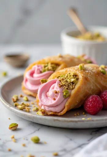 Málnás-pisztáciás cannoli desszert tálalva