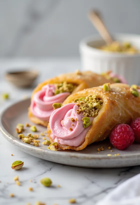 Málnás-pisztáciás cannoli desszert tálalva