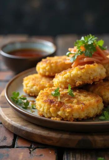Vegán Menchi Katsu, panírozott és ropogós, zöldségekkel tálalva